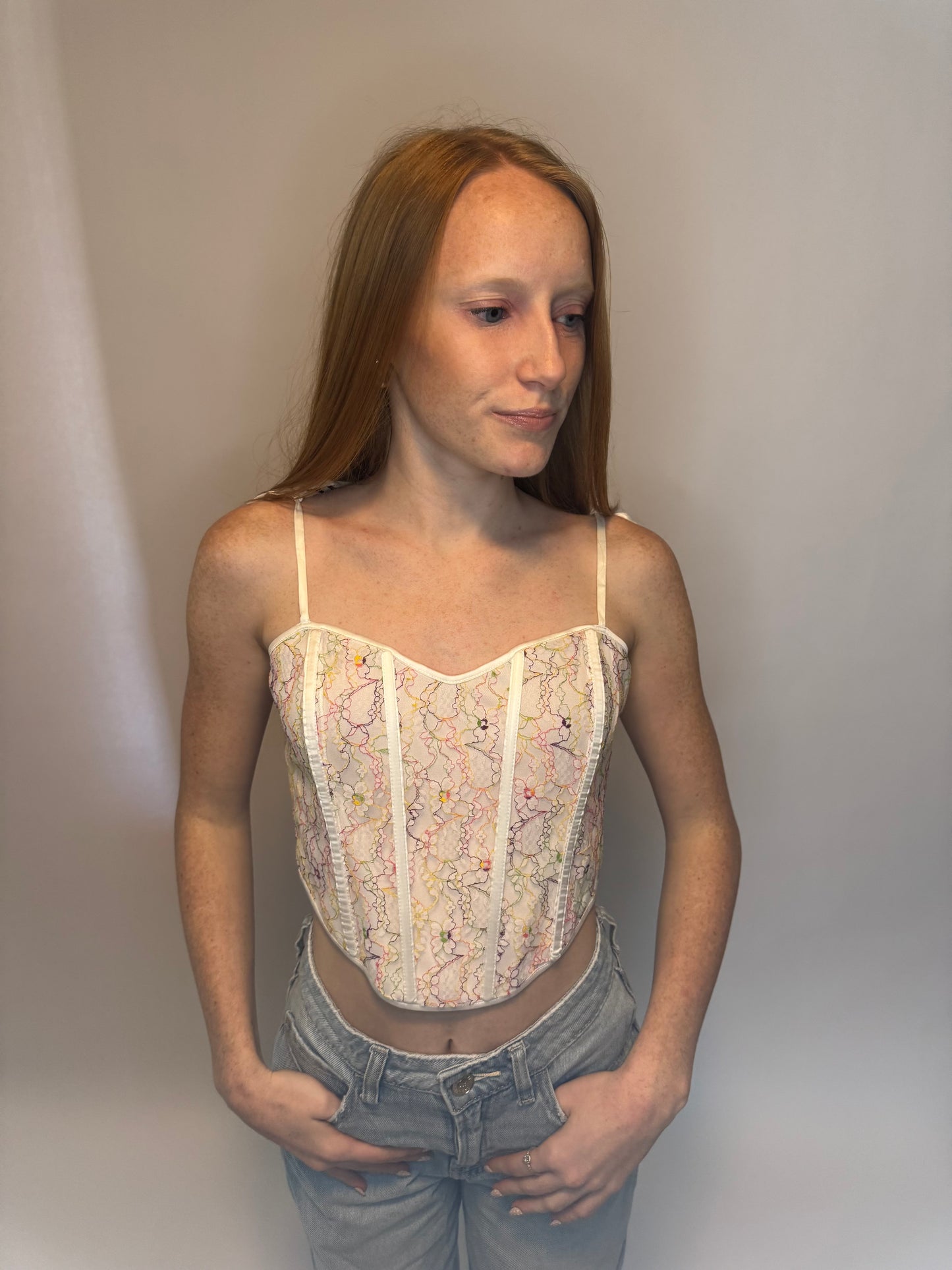 White Floral Mesh Shoulder Tie Corset Top