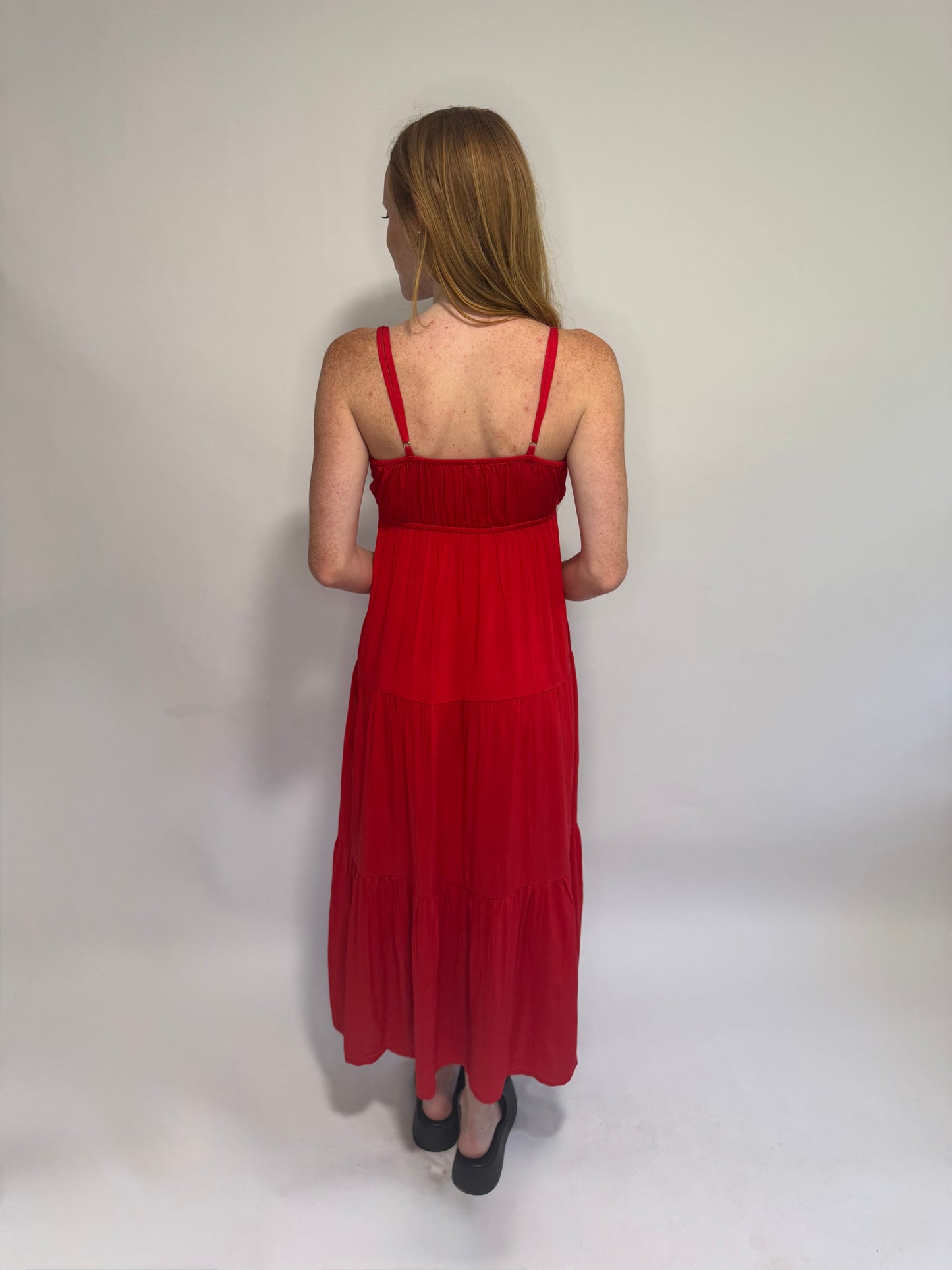 Ruby Woven Sweetheart Neckline Teared Cami Midi Dress