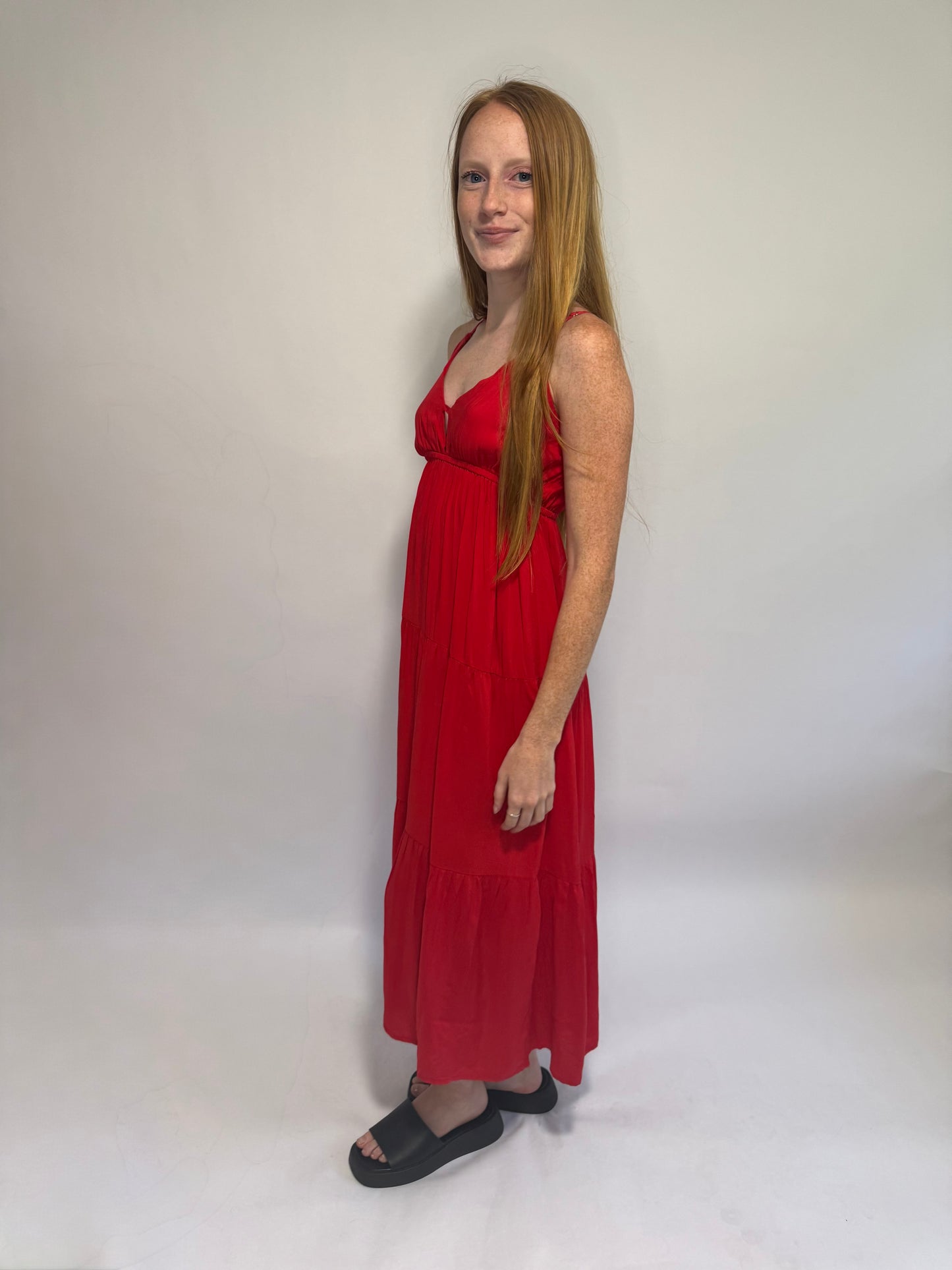 Ruby Woven Sweetheart Neckline Teared Cami Midi Dress