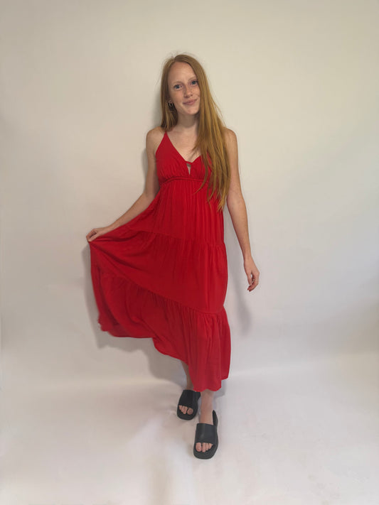 Ruby Woven Sweetheart Neckline Teared Cami Midi Dress