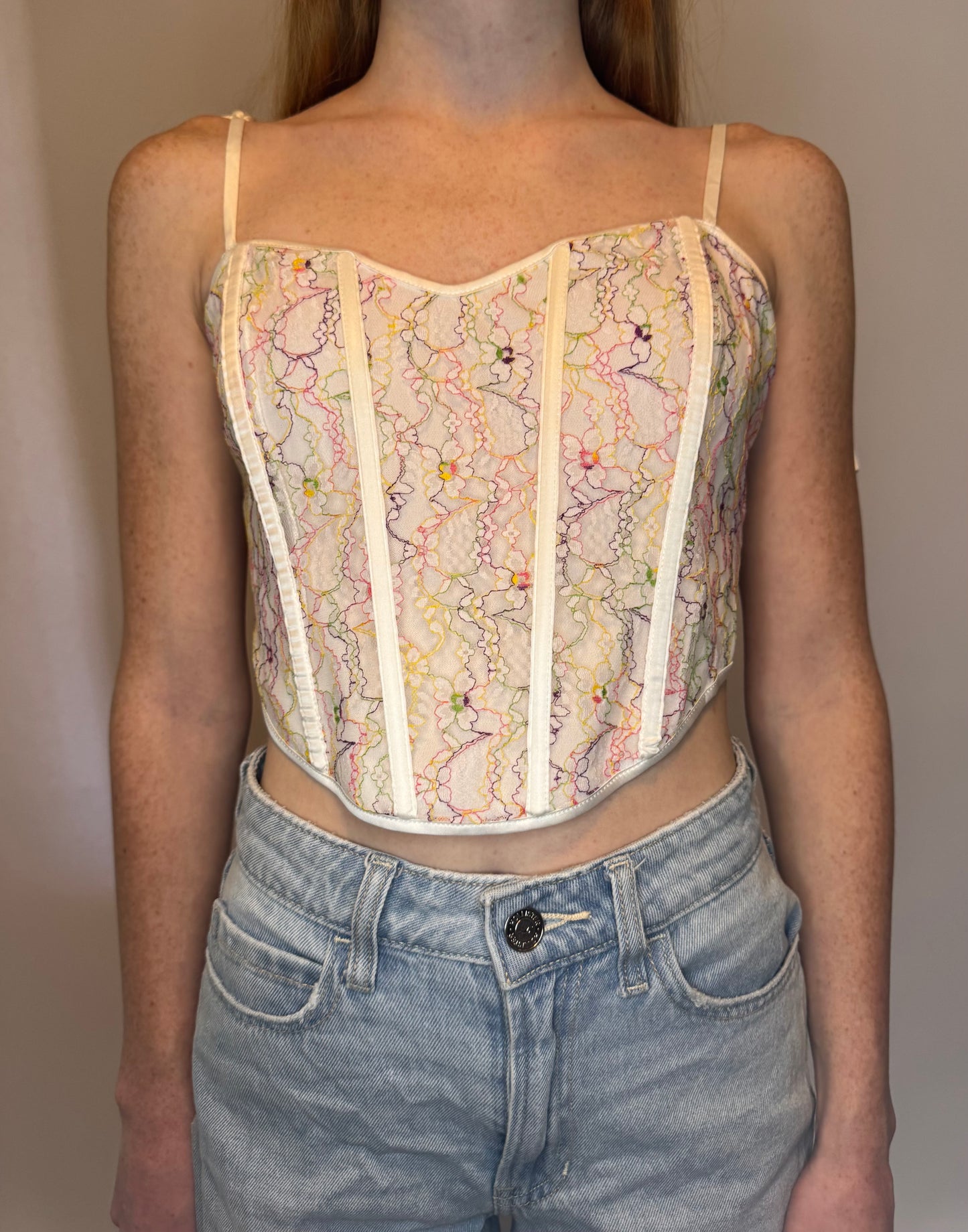 White Floral Mesh Shoulder Tie Corset Top