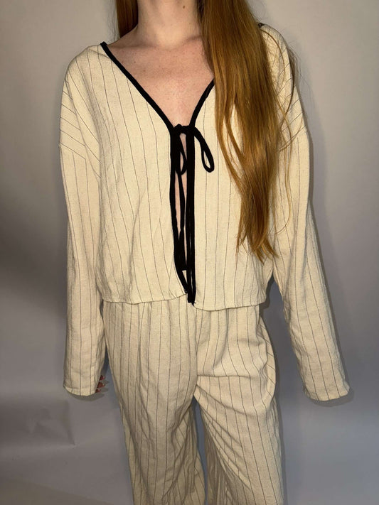 Linen Stripe Long Sleeve Tie Front Top