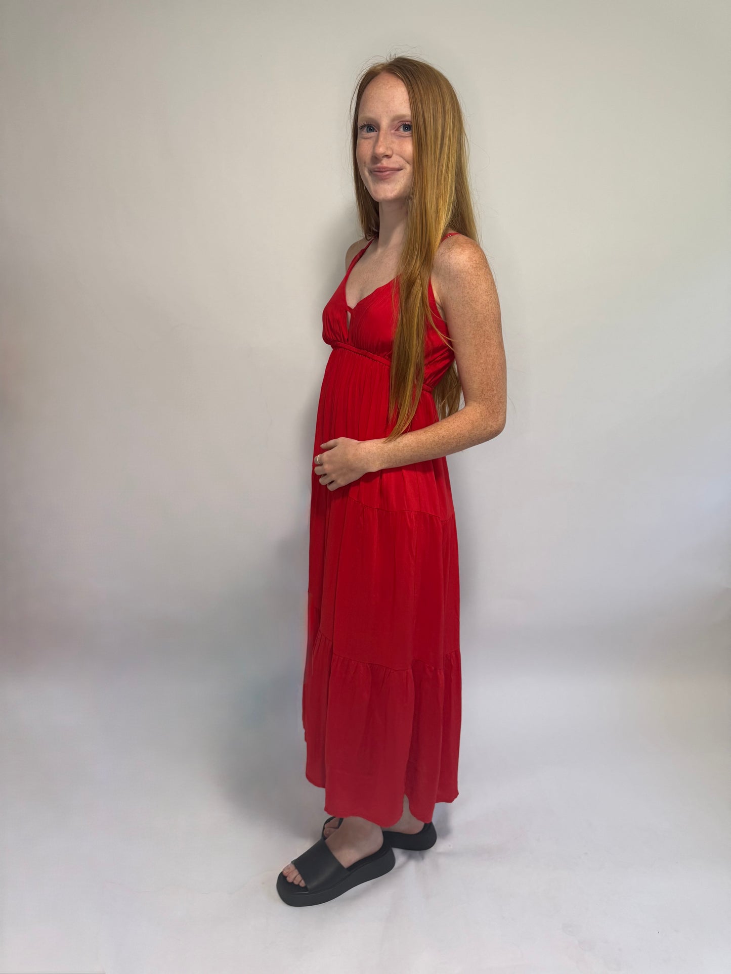 Ruby Woven Sweetheart Neckline Teared Cami Midi Dress