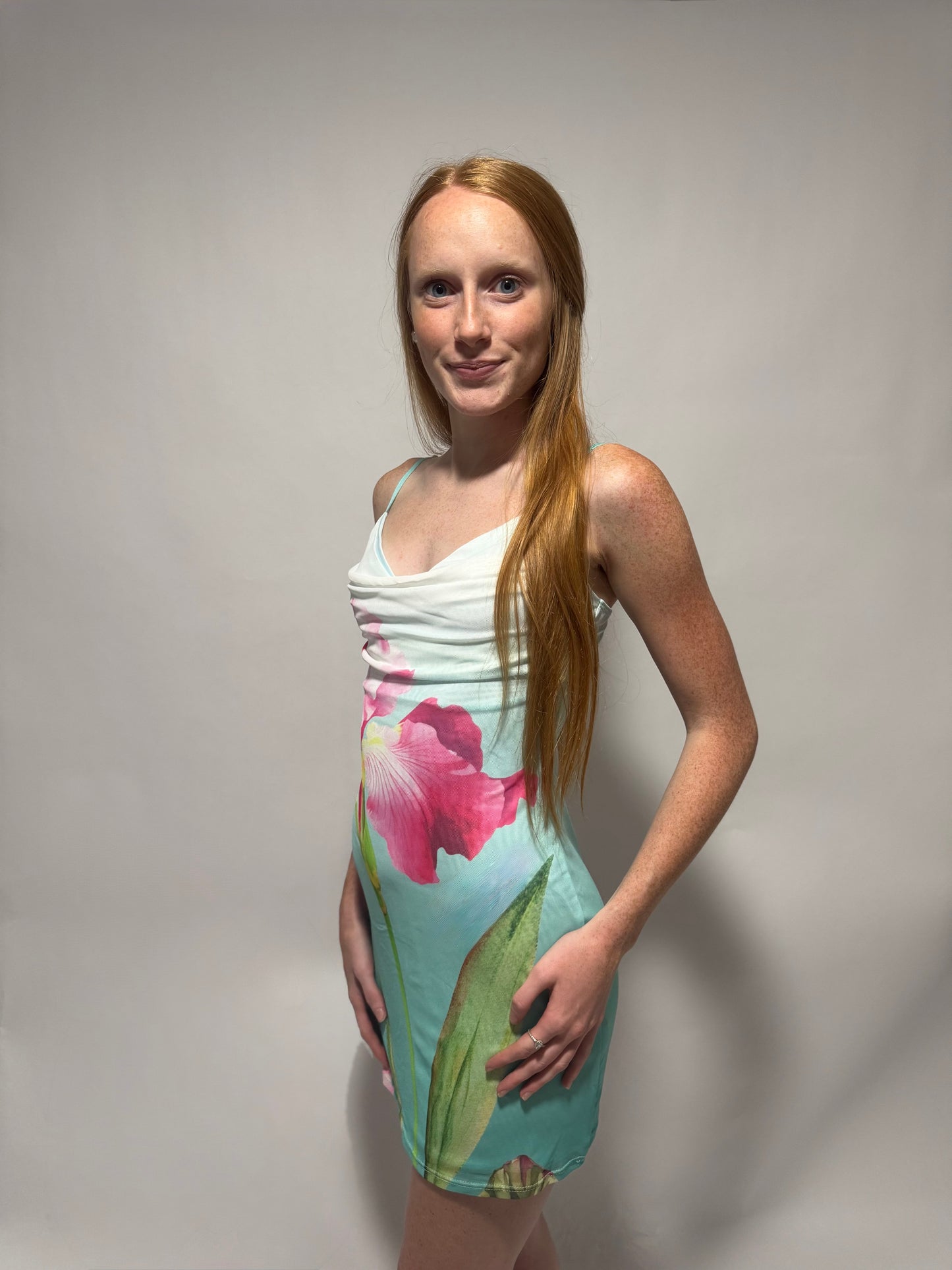 Emerald Floral Cowl Neck Mini Dress