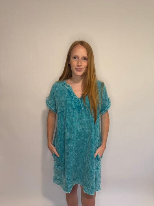 Teal Washed Raw Edge V-Neck Dress