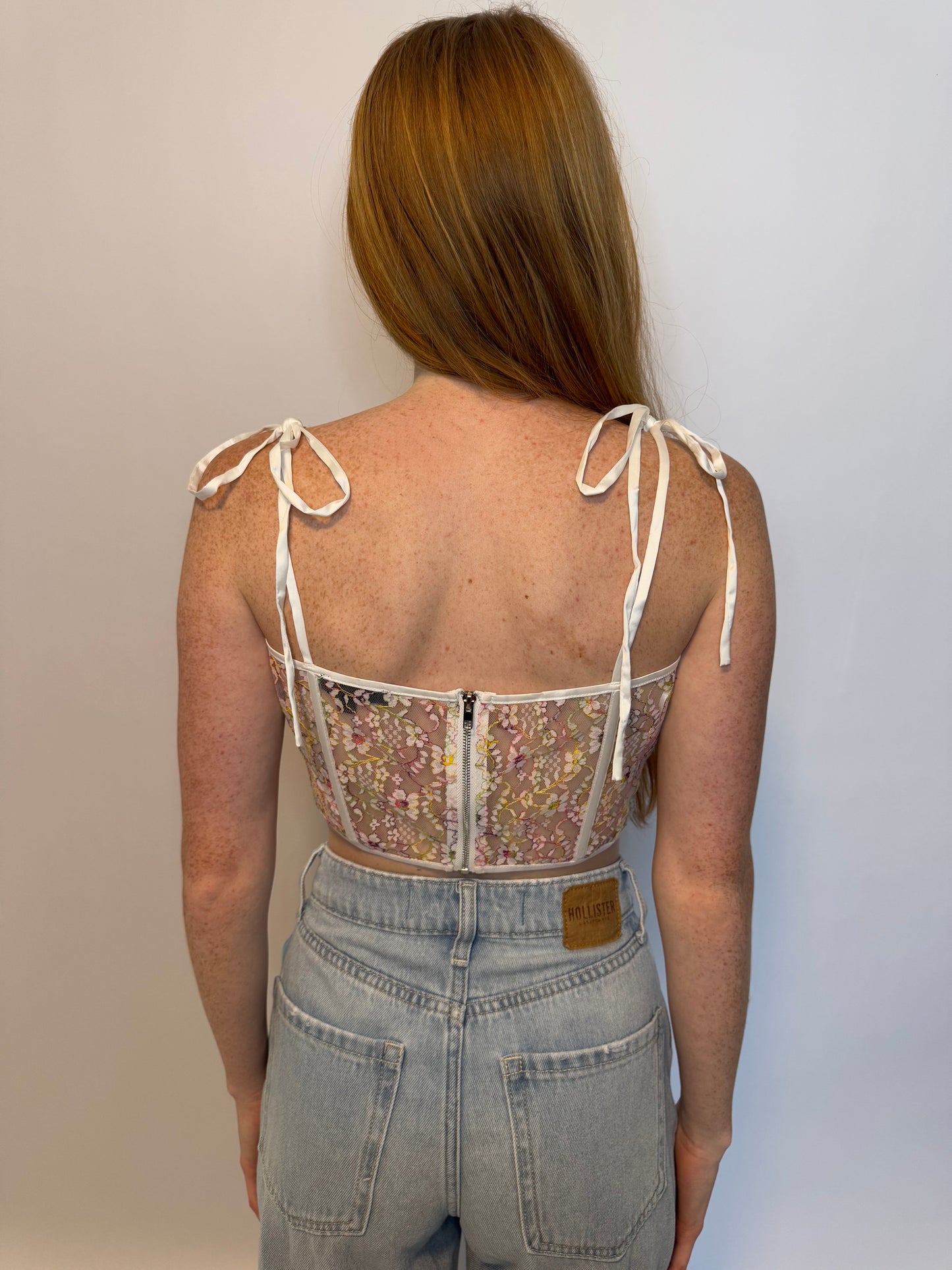 White Floral Mesh Shoulder Tie Corset Top