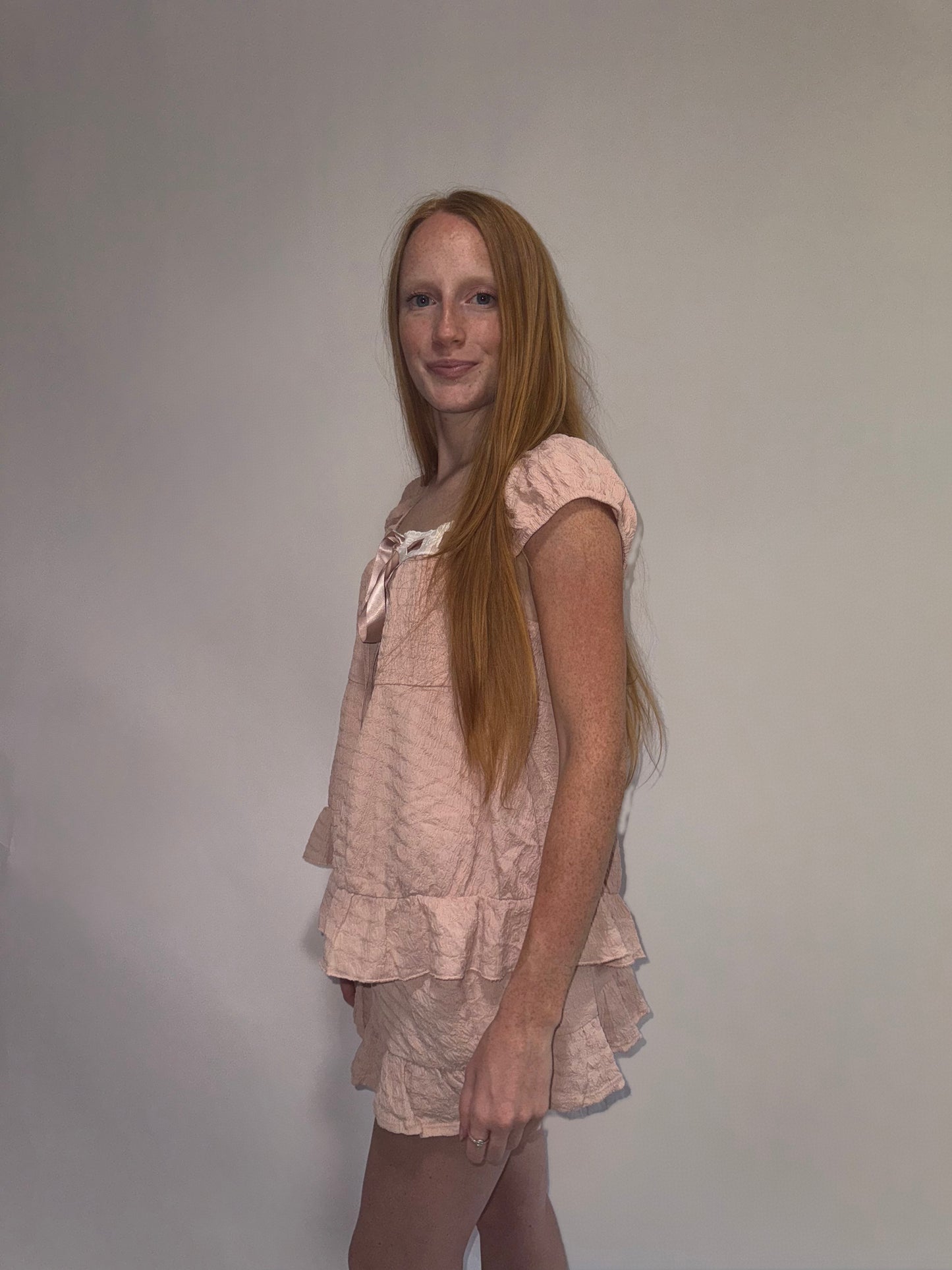 Muave Ribbon Ruffled Hem Top and Shorts Set