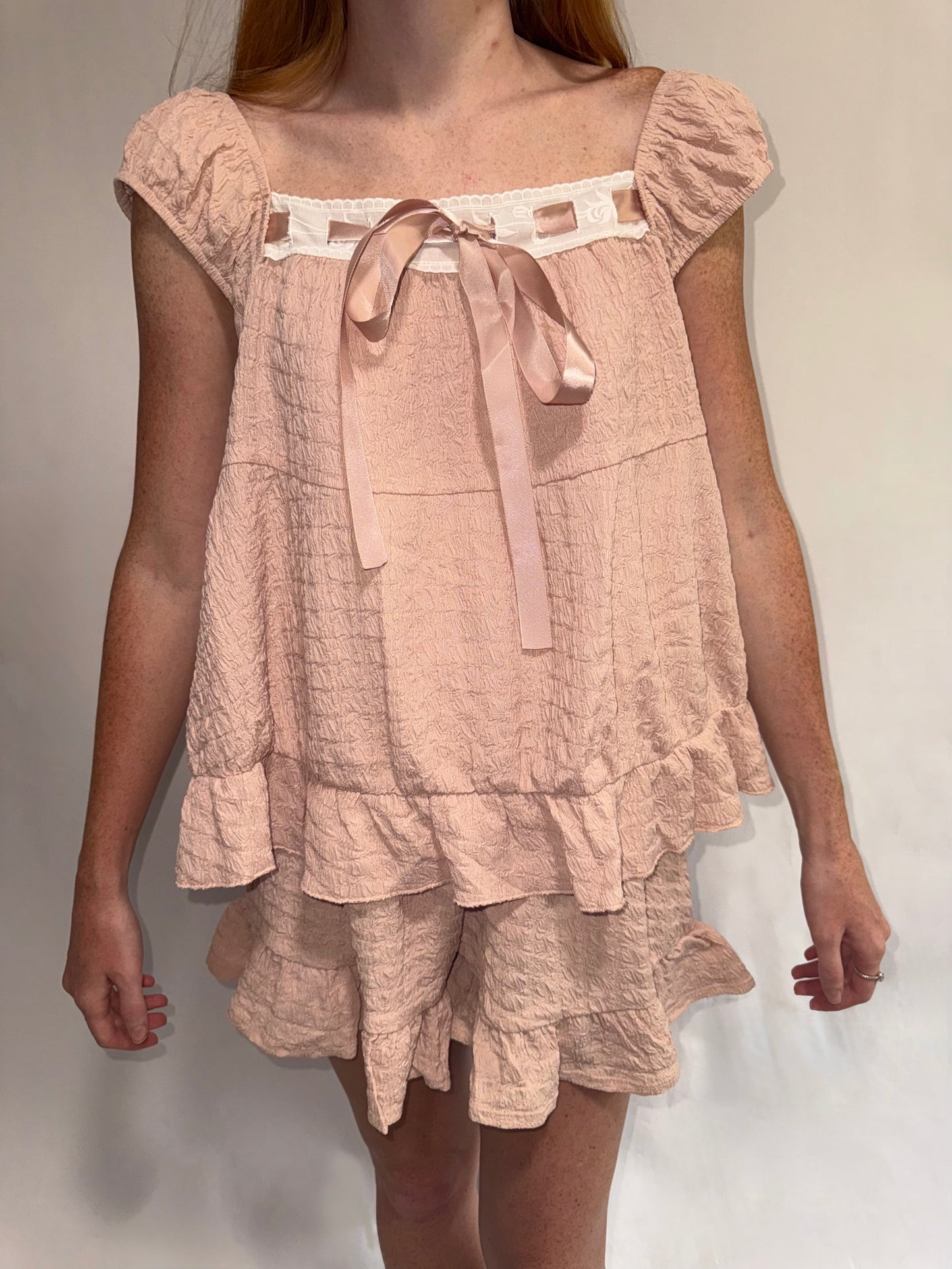 Muave Ribbon Ruffled Hem Top and Shorts Set