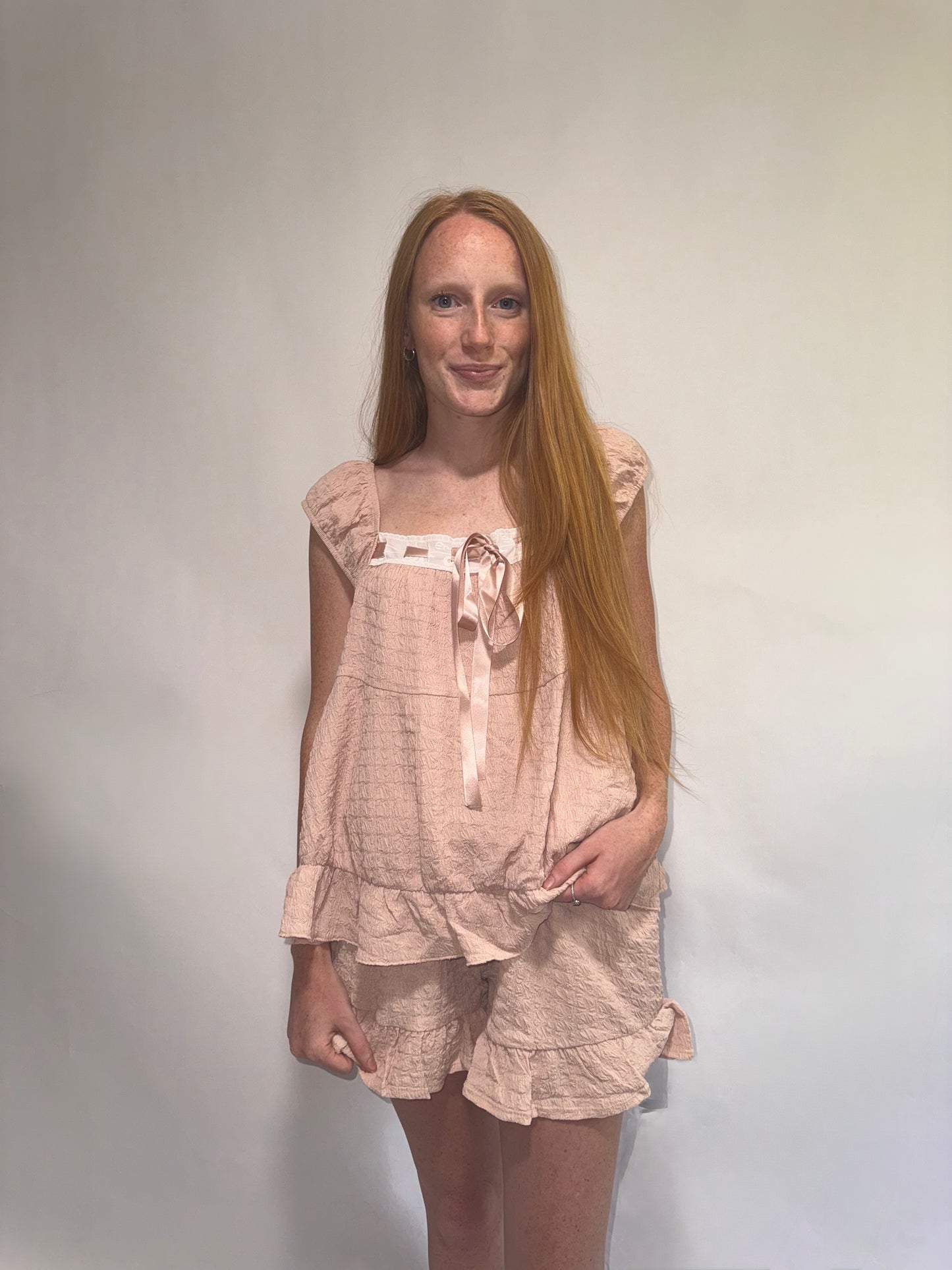 Muave Ribbon Ruffled Hem Top and Shorts Set