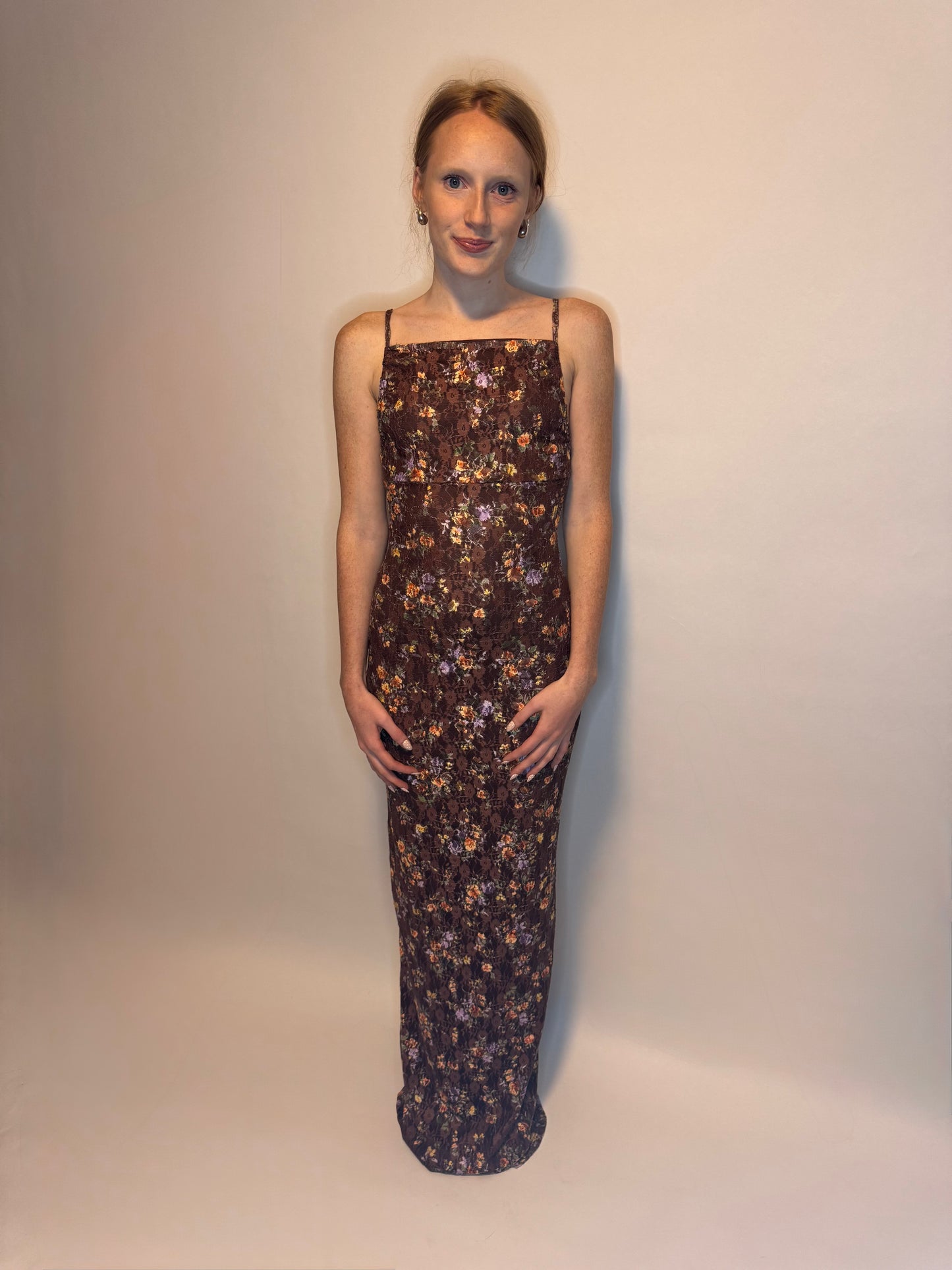 Brown Square Neck Floral Maxi Dress