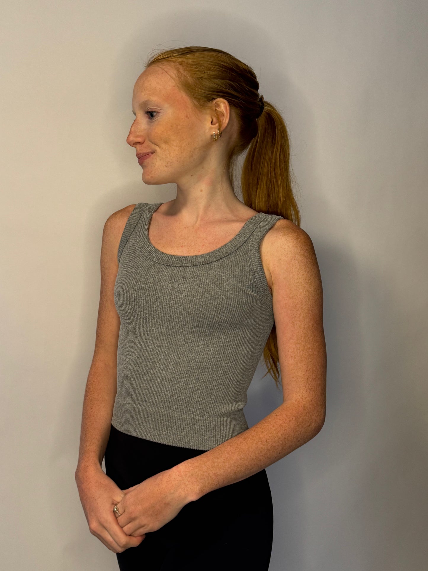 Grey Seamless Ribbed Cropped Scoop Neck Tank Top