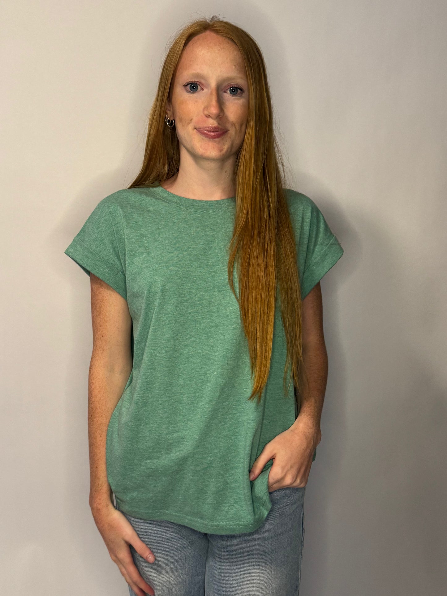 Kelly Green Rounded Neck Folded Short Sleeve T-Shirt