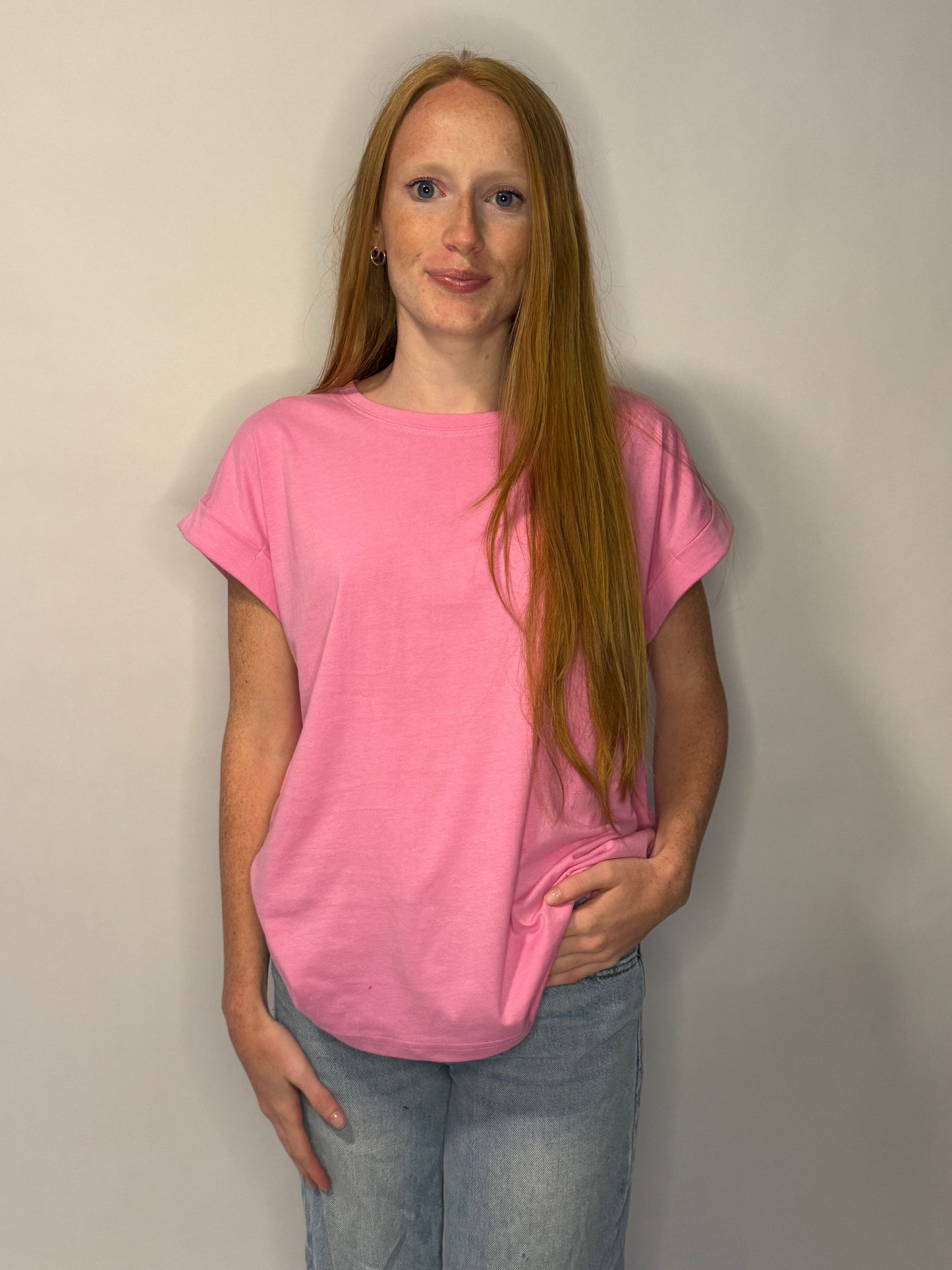 Candy Pink Round Neck Folded Short Sleeve T-Shirt