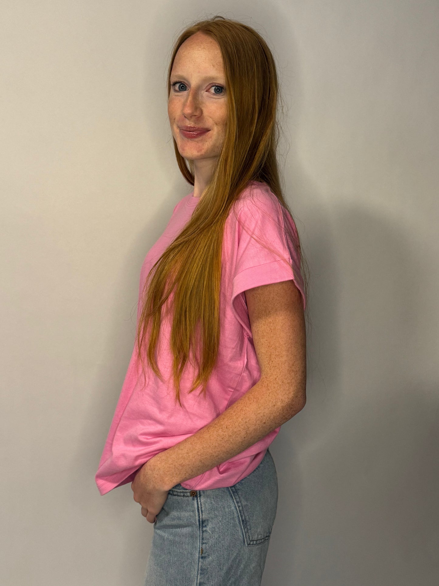 Candy Pink Round Neck Folded Short Sleeve T-Shirt