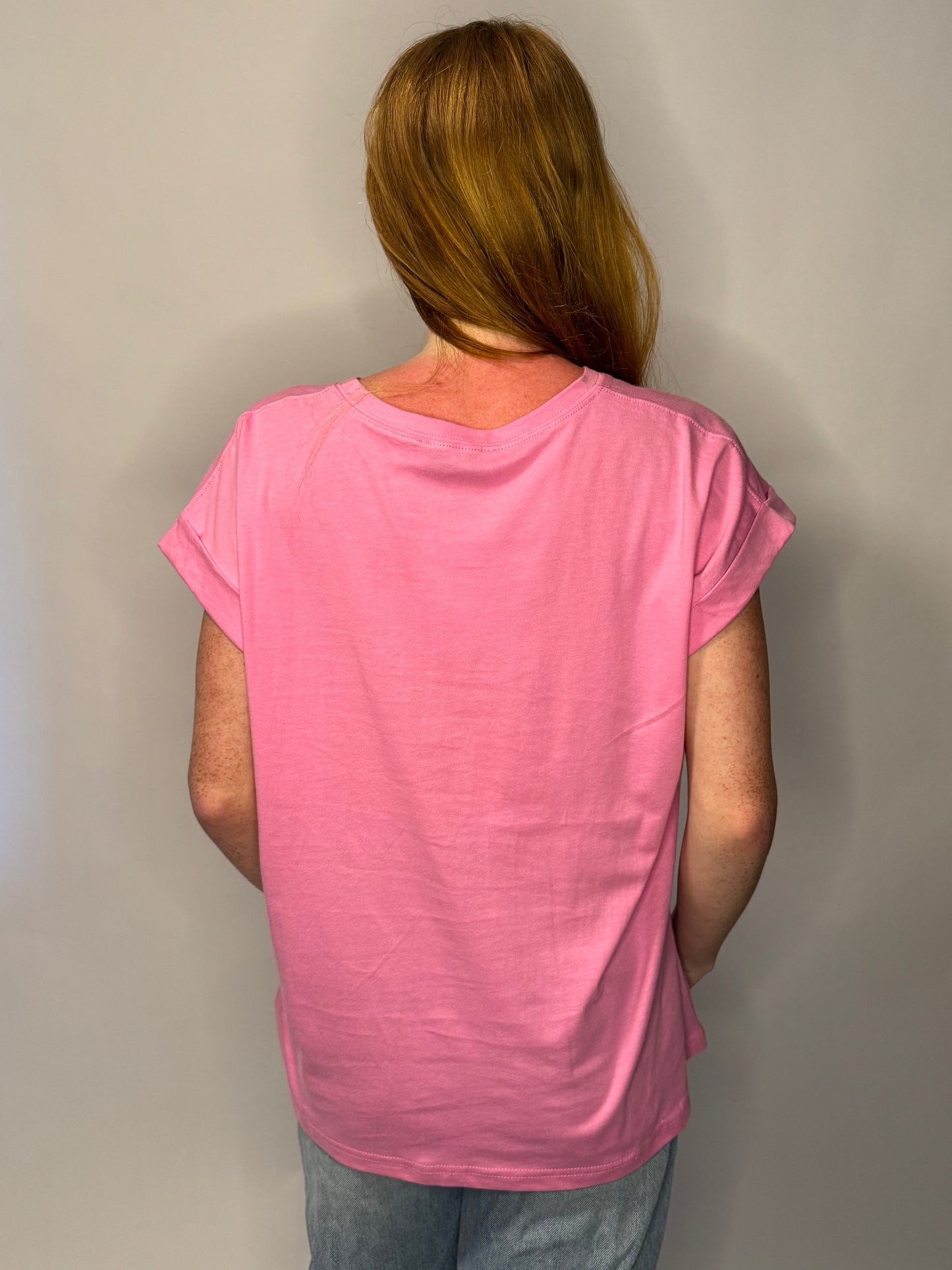 Candy Pink Round Neck Folded Short Sleeve T-Shirt