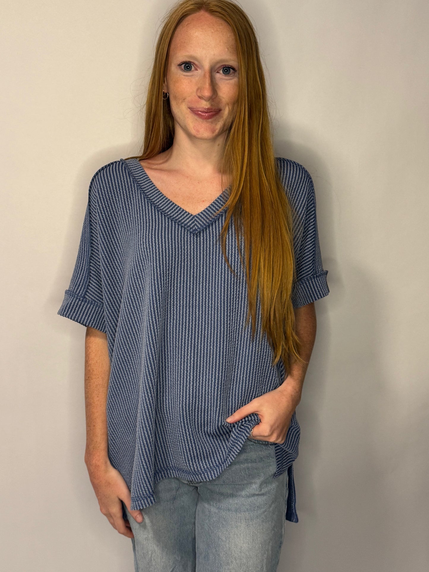 Dusty Blue Corded Rib Short Sleeve Hi-Low V Neck Top