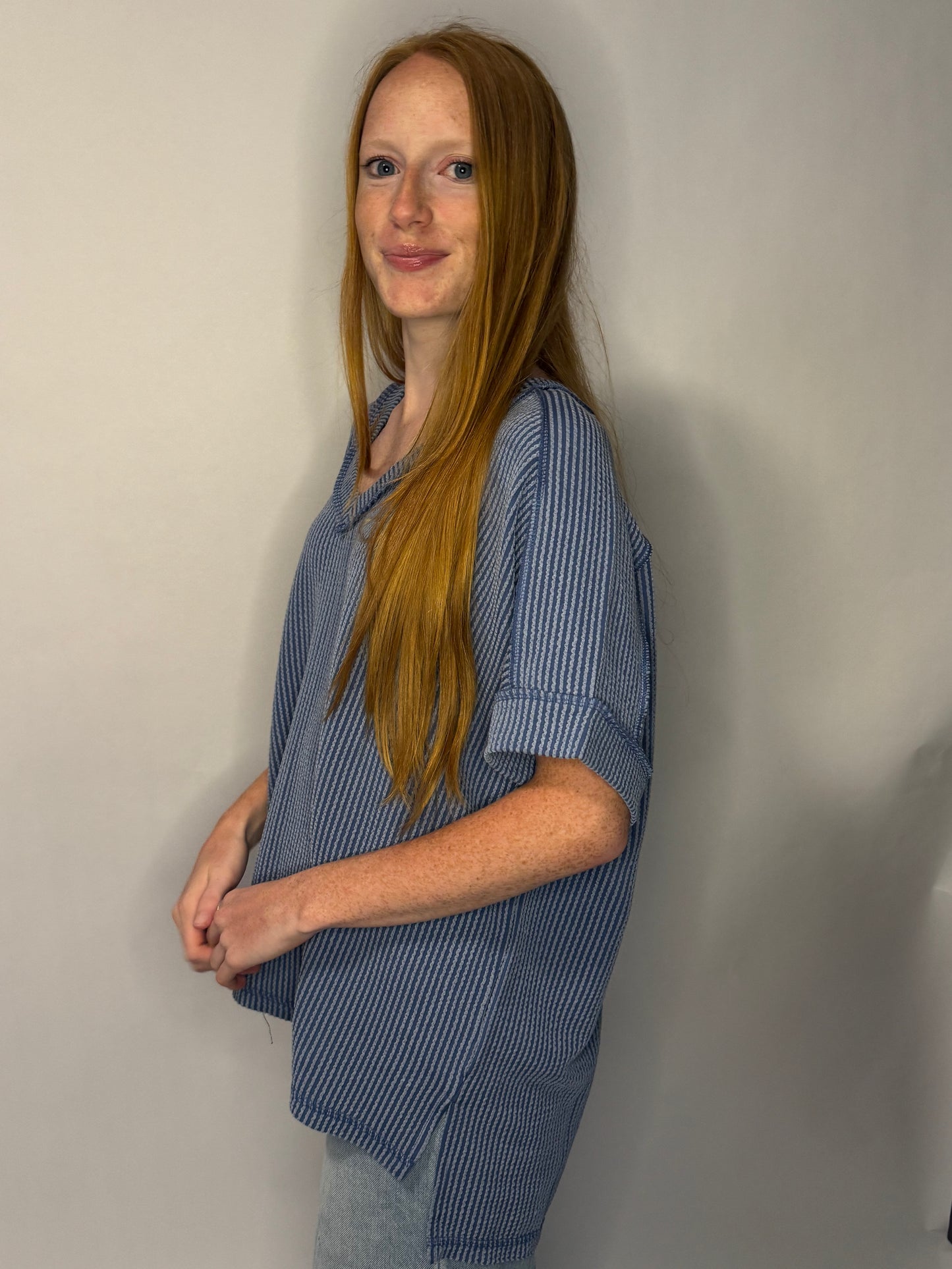 Dusty Blue Corded Rib Short Sleeve Hi-Low V Neck Top