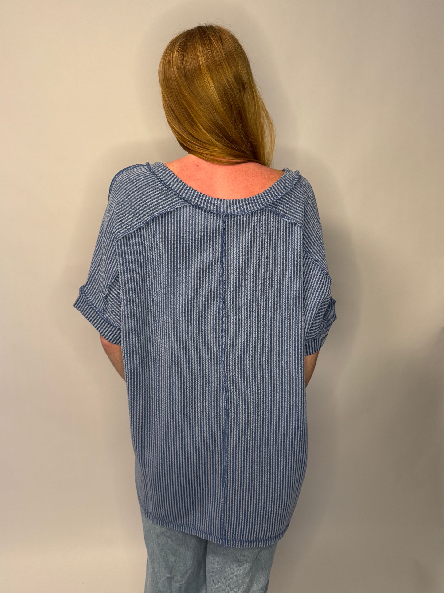 Dusty Blue Corded Rib Short Sleeve Hi-Low V Neck Top